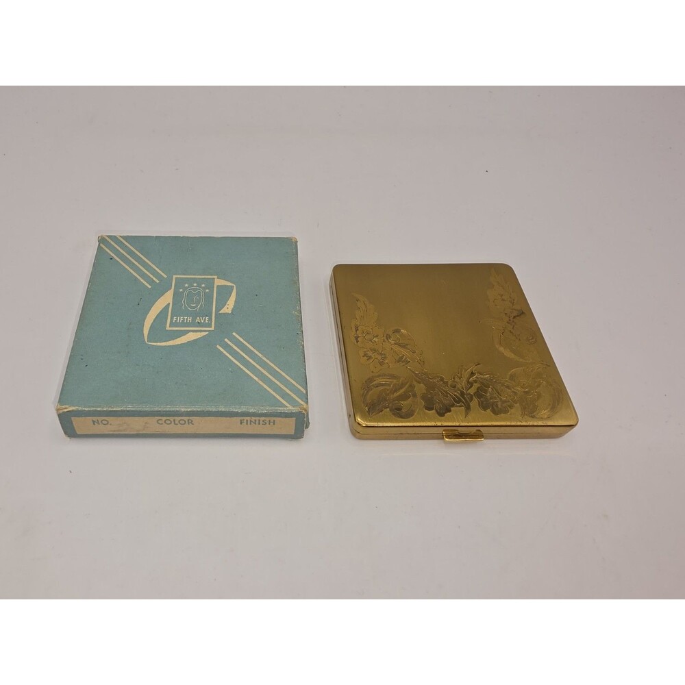 Vintage Rex Fifth Avenue Gold Tone Floral Powder Mirror Compact Original Box
